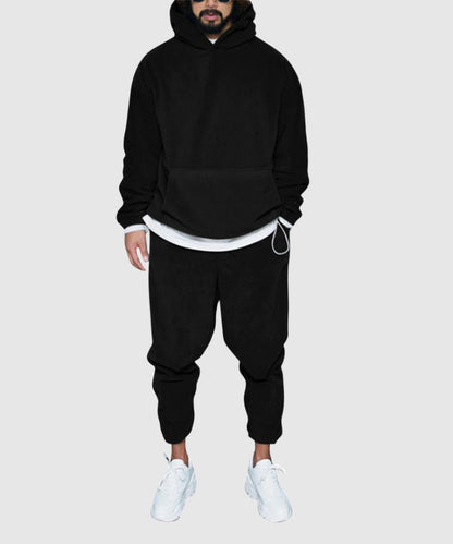 Men's Casual Solid Color Thermal Polar Fleece Hooded Drawstring Sweatshirt Outfit Set - ChoreGirl