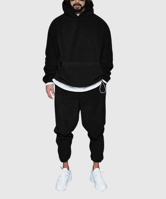 Men's Casual Solid Color Thermal Polar Fleece Hooded Drawstring Sweatshirt Outfit Set - ChoreGirl
