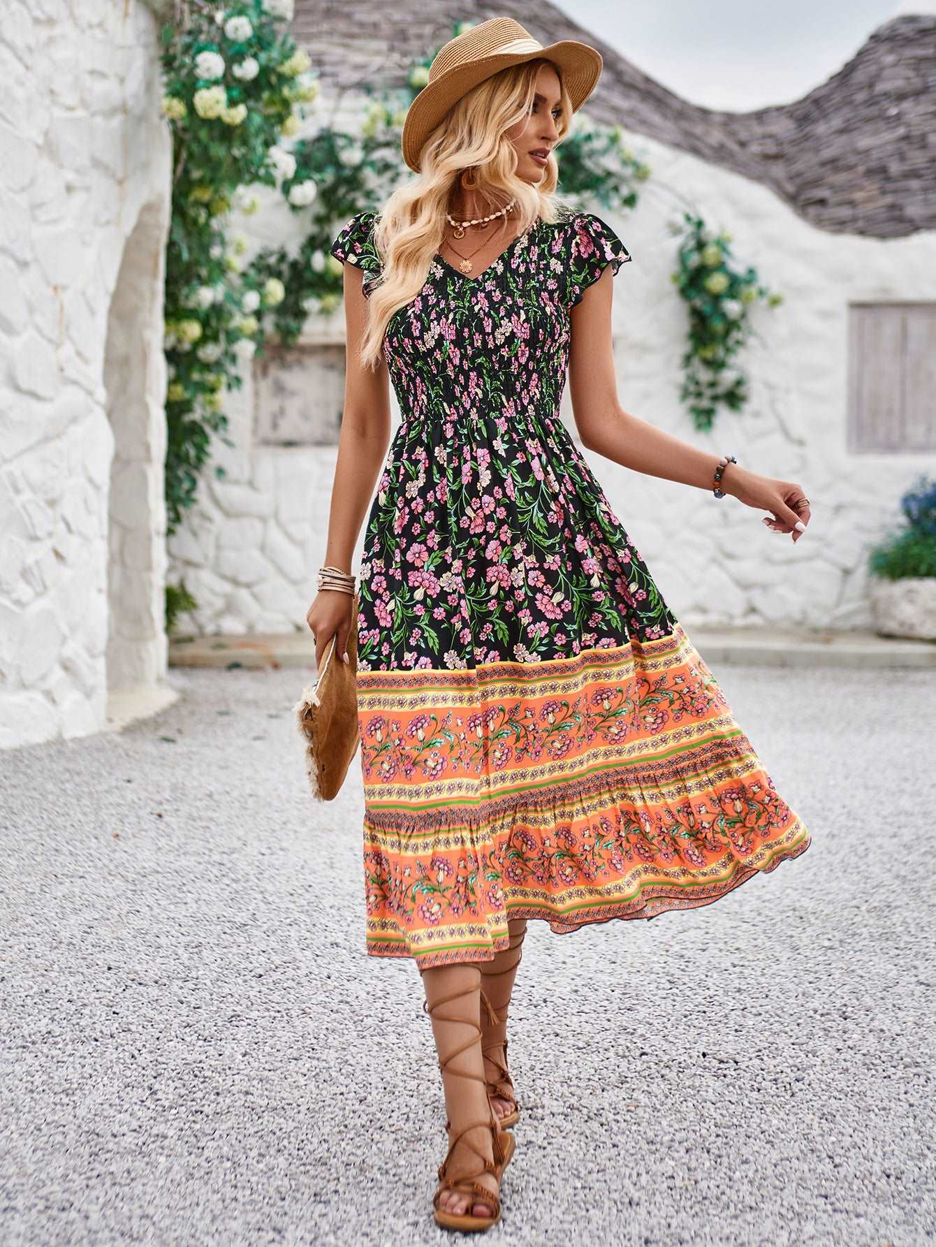 Women's Casual Bohemian Flower Print V-neck Ruffle Sleeveless Dress - ChoreGirl