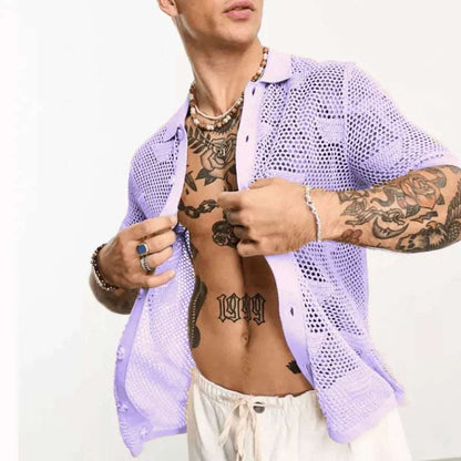 Men's Solid Color Loose Mesh Hollow Cut-Out Button-up Shirt - ChoreGirl