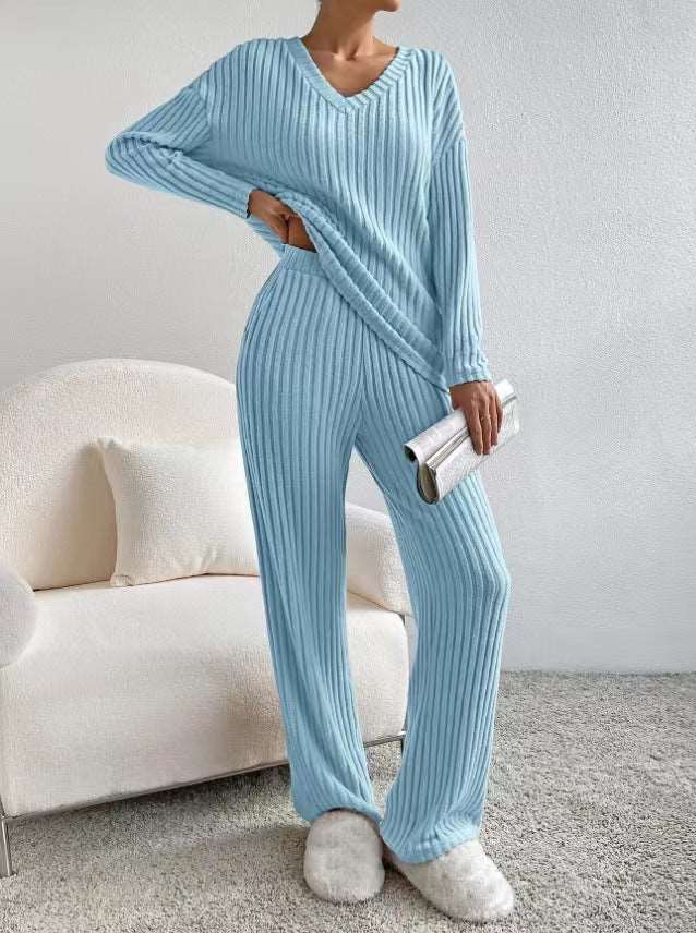 Women's Knitted Straight Leg Pants and Loose V-neck Shirt Two-Piece Outfit Set - ChoreGirl