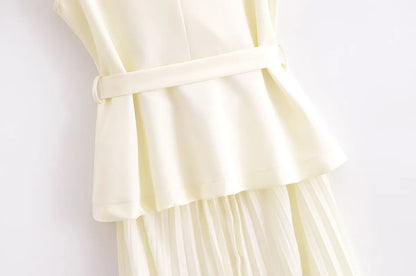 Women's Fashion-forward Double Breasted Vest and Pleated Skirt Dress with Belt - ChoreGirl
