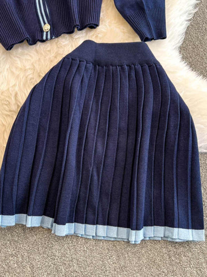 Women's Back to School Contrast Color V-neck Knitted Cardigan and Pleated Skirt Outfit Set - ChoreGirl