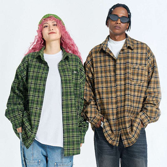 Unisex Retro Plaid Long Sleeve Button Up Shirt - ChoreGirl