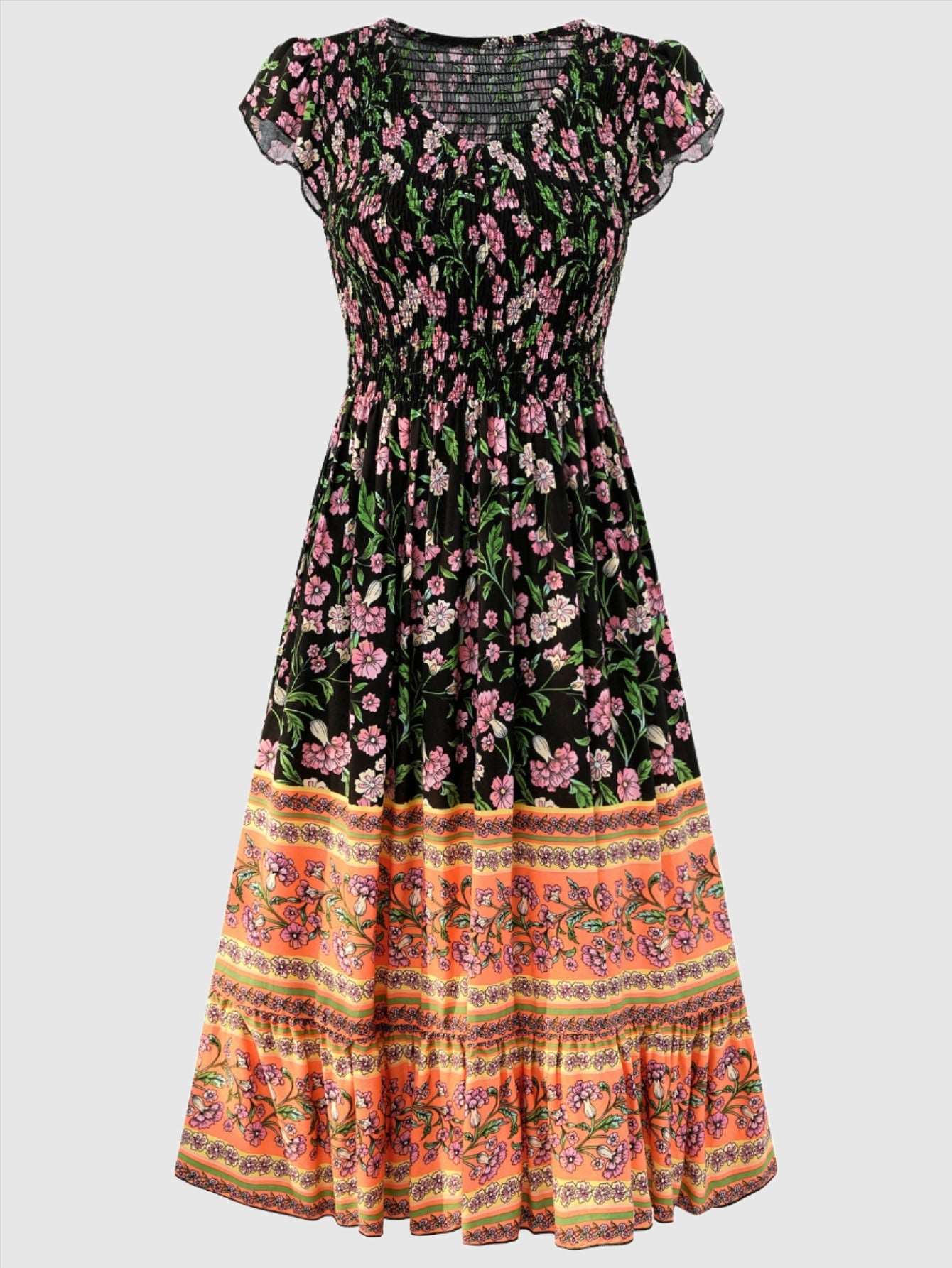 Women's Casual Bohemian Flower Print V-neck Ruffle Sleeveless Dress - ChoreGirl