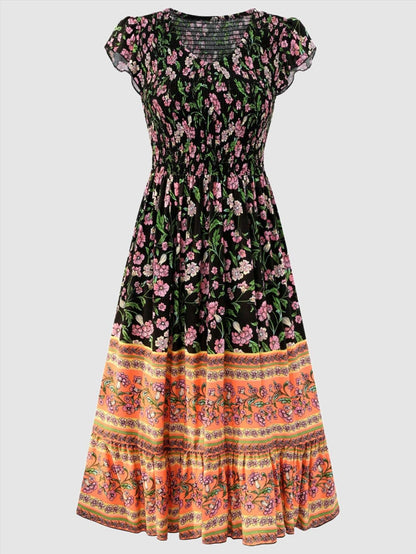 Women's Casual Bohemian Flower Print V-neck Ruffle Sleeveless Dress - ChoreGirl