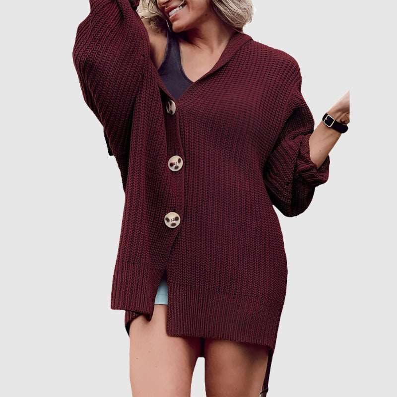 Women's Mid-length Lapel Collar Knitted Button-up Cardigan Jacket - ChoreGirl