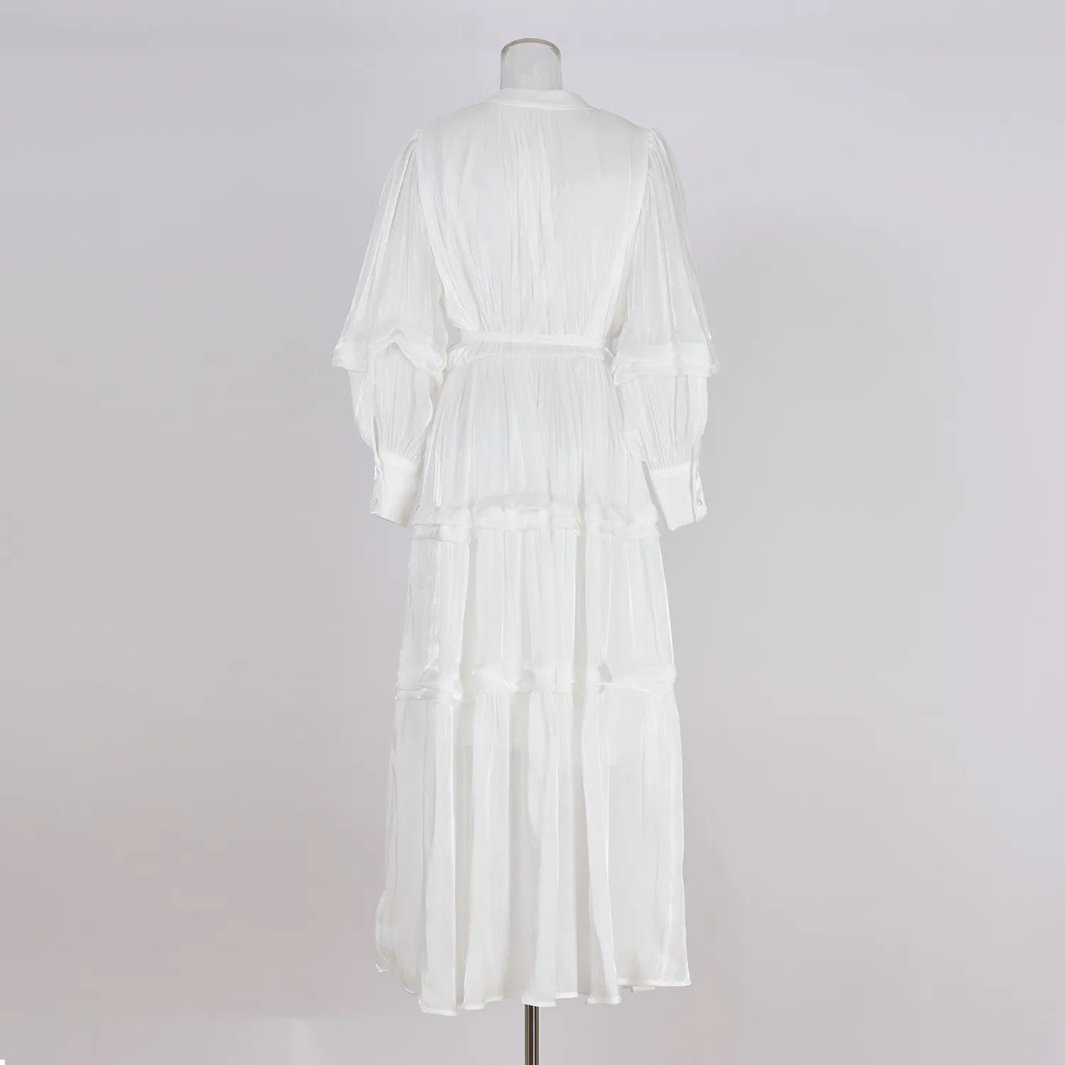 Women's V-neck Lantern Sleeve Fitted Waist Pleated Long Silk Dress with Belt - ChoreGirl