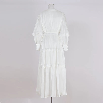 Women's V-neck Lantern Sleeve Fitted Waist Pleated Long Silk Dress with Belt - ChoreGirl