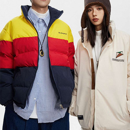 Unisex Couples Contrast Color Embroidered Stand Collar Coat - 2 in 1 wear - ChoreGirl
