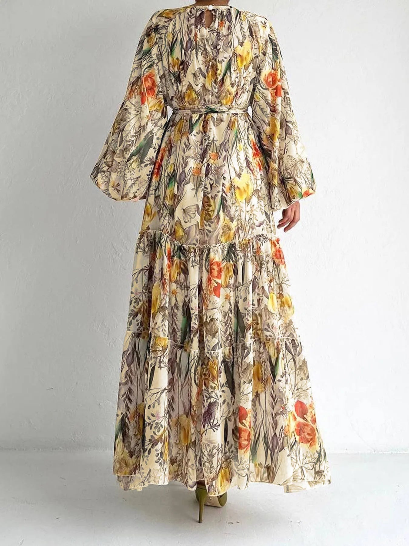 Elegant Floral Print Long Sleeve Maxi Dress - Women