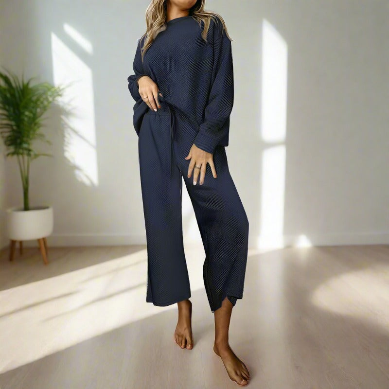 Women's Casual Textured Solid Color Loose Thick Long Sleeved Sweatshirt and Pants Two-piece Outfit Set - ChoreGirl