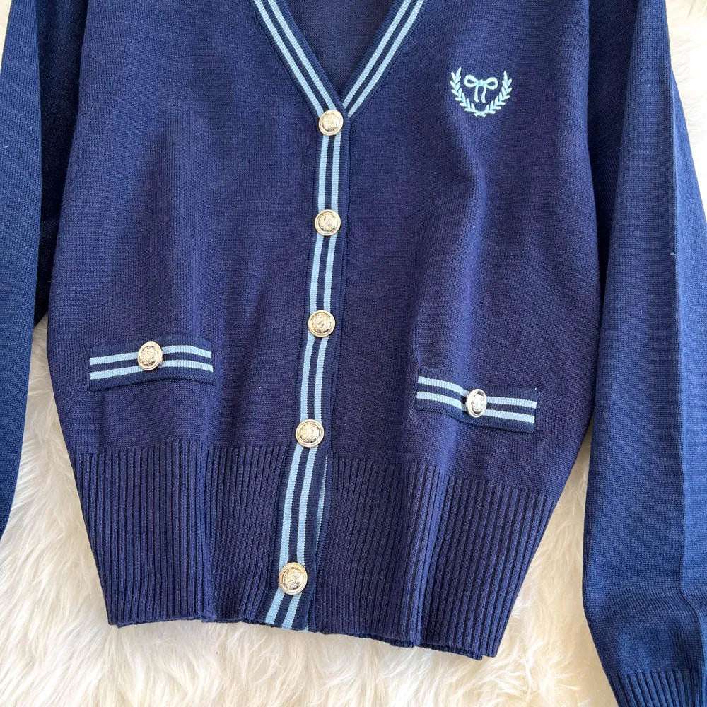 Women's Back to School Contrast Color V-neck Knitted Cardigan and Pleated Skirt Outfit Set