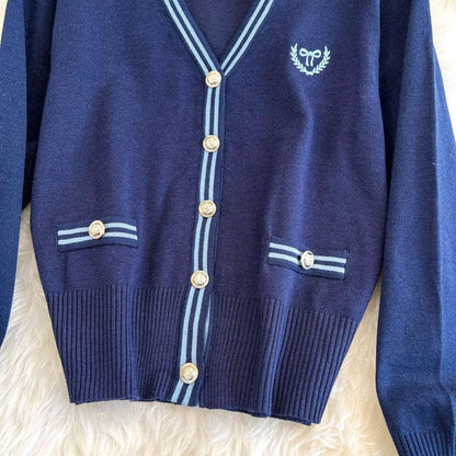 Women's Back to School Contrast Color V-neck Knitted Cardigan and Pleated Skirt Outfit Set