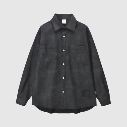 Men's Retro Street Style Washed-out PU Leather Long Sleeved Button-up Shirt - ChoreGirl