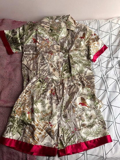 Women's Ice Silk Short Sleeved Shirt and Shorts Lapel Bird Pajamas Set - ChoreGirl
