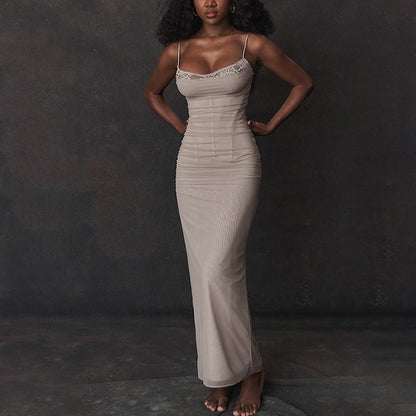 Women's Lace Edge Neckline Tight Mesh See-through Long Dress - ChoreGirl