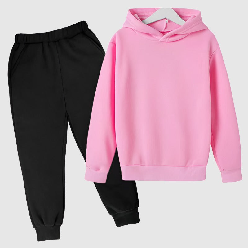 Kids Custom Design Loose Fitting Solid Color Fleece Hoodie and Pants Two-piece Outfit Set | PERSONALIZED - ChoreGirl