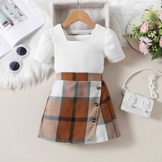 Baby Girl Short Sleeved Top and Irregular Plaid Shorts Outfit Set - ChoreGirl