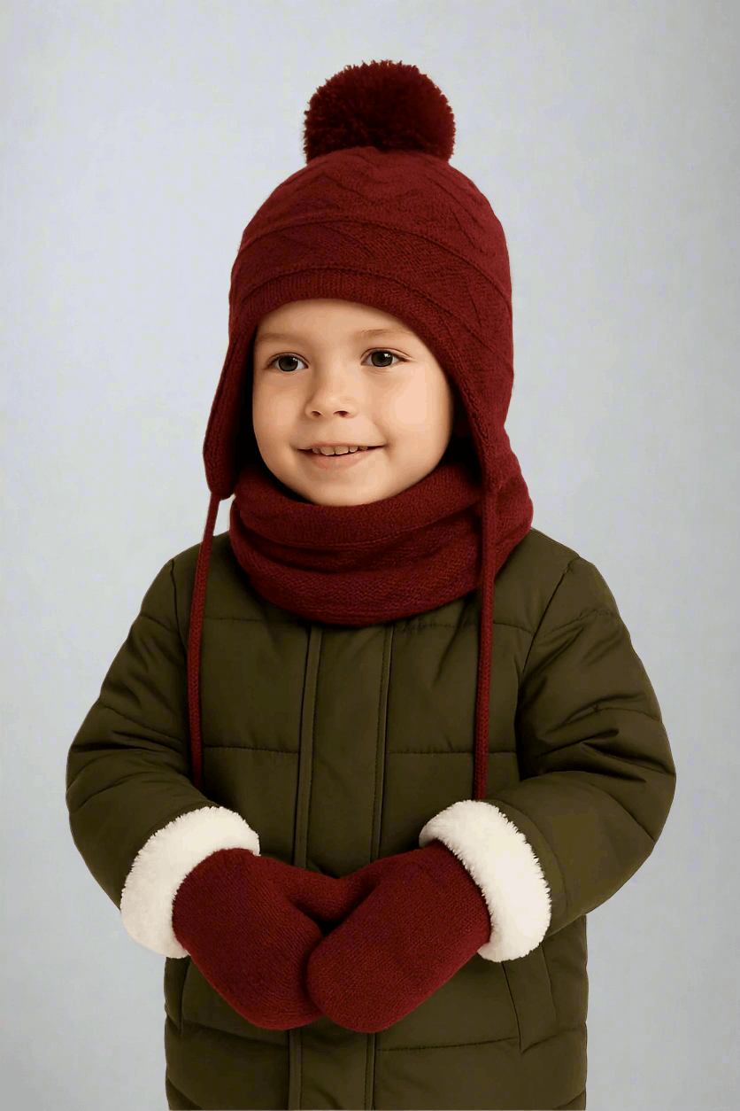Child wearing a red knit hat with a pom-pom, scarf, and mittens on a beige background