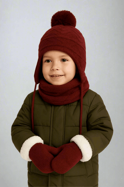 Child wearing a red knit hat with a pom-pom, scarf, and mittens on a beige background