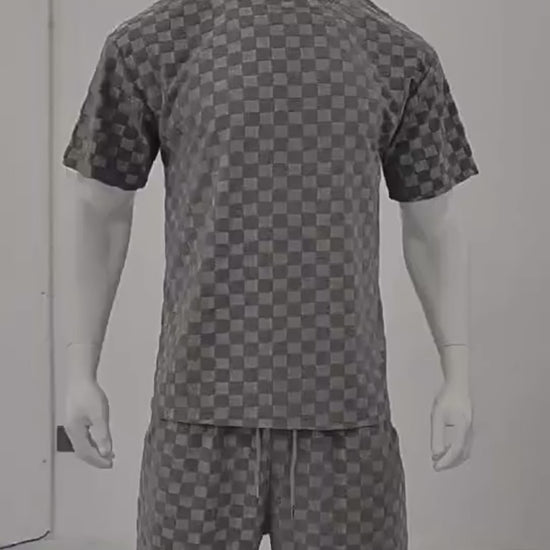 Men's Casual Loose Jacquard Plaid Short Sleeved T-Shirt and Shorts Outfit Set