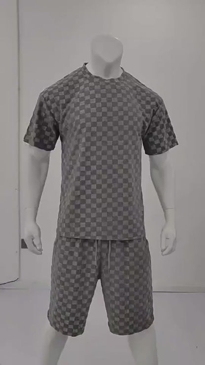 Men's Casual Loose Jacquard Plaid Short Sleeved T-Shirt and Shorts Outfit Set