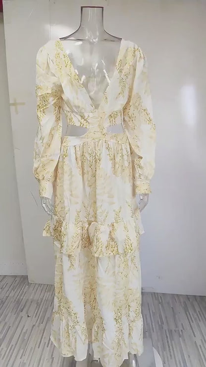Women's Elegant Hollow sides Long Sleeves V-neck Maxi Dress actual dress
