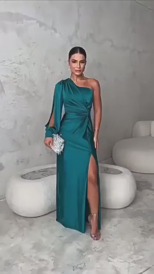 Women's Elegant Satin Slim One-shoulder Long Sleeved Split Maxi Dress