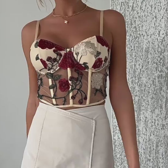 Women's Retro Net Yarn Flowers Embroidered Corset Strap Top