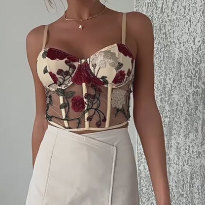 Women's Retro Net Yarn Flowers Embroidered Corset Strap Top