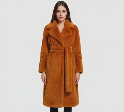 Women's Long Faux Fur Coat with Belt