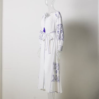 Women's Vintage Boho Beach Hippie Long Sleeve Embroidery Loose Maxi Dress