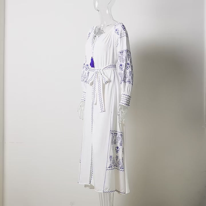 Women's Vintage Boho Beach Hippie Long Sleeve Embroidery Loose Maxi Dress