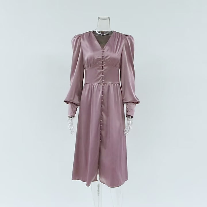 Women's Elegant Long Dress | Single Breasted High Waist Satin Long Dress
