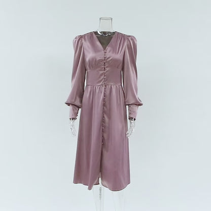 Women's Elegant Long Dress | Single Breasted High Waist Satin Long Dress