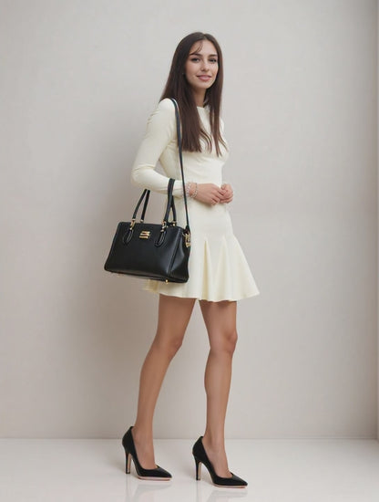Woman in a white dress holding a black handbag against a plain background