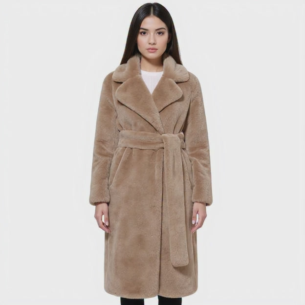 Women's Long Faux Fur Coat with Belt in light brown color