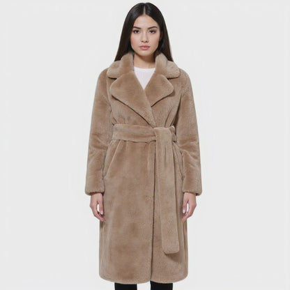 Women's Long Faux Fur Coat with Belt in light brown color
