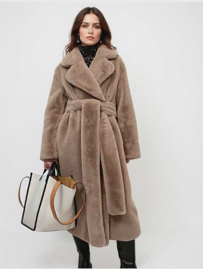 Women's Long Faux Fur Coat with Belt