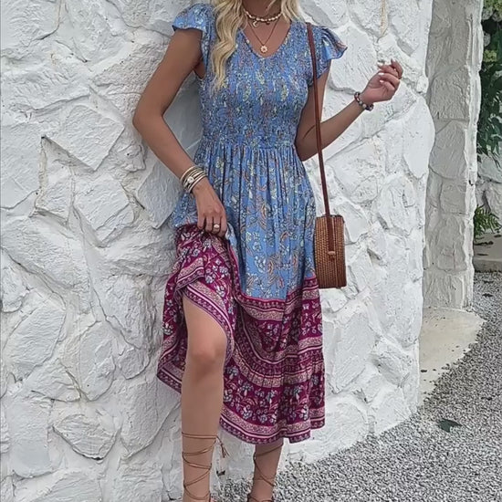 Women's Casual Bohemian Flower Print V-neck Ruffle Sleeveless Dress