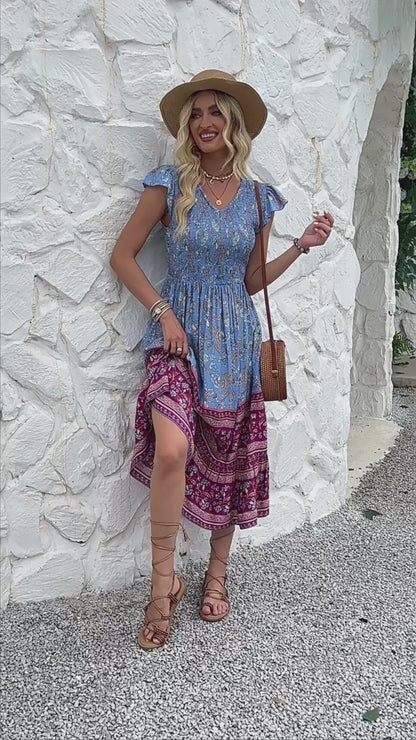 Women's Casual Bohemian Flower Print V-neck Ruffle Sleeveless Dress