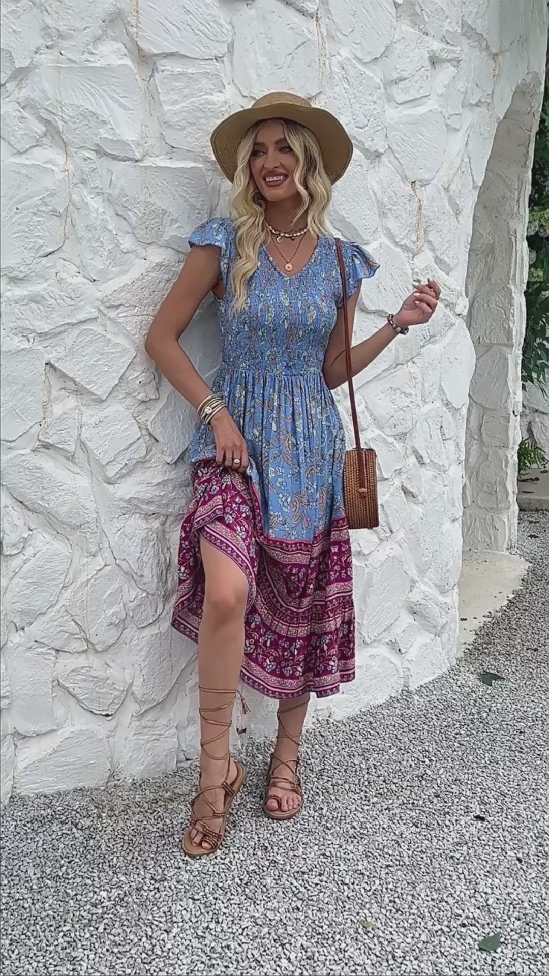 Women's Casual Bohemian Flower Print V-neck Ruffle Sleeveless Dress