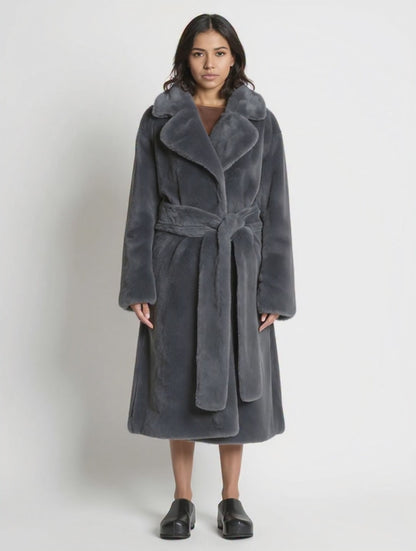 Women's Long Faux Fur Coat with Belt
