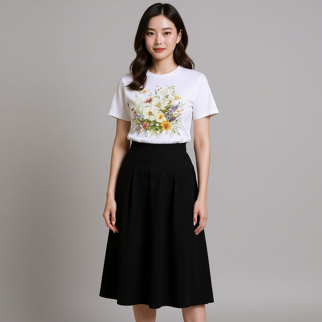 Woman wearing a white t-shirt with floral design and black skirt on a beige background