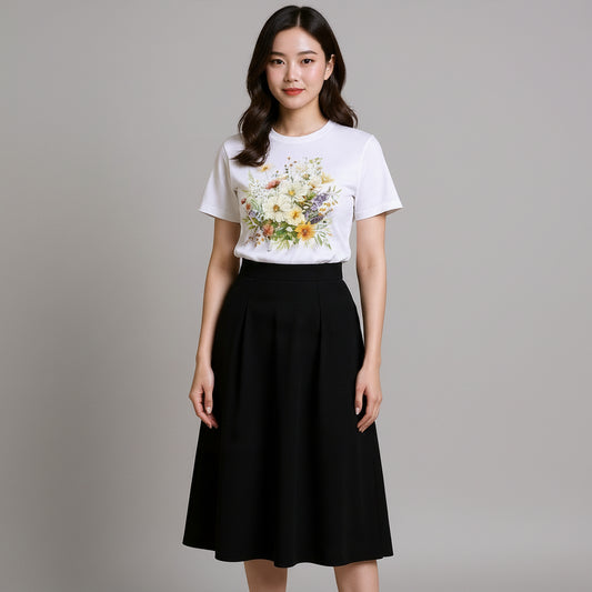 Woman wearing a white t-shirt with floral design and black skirt on a beige background
