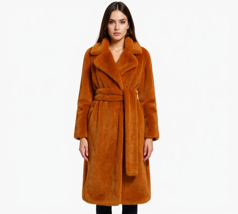 Women's Long Faux Fur Coat with Belt