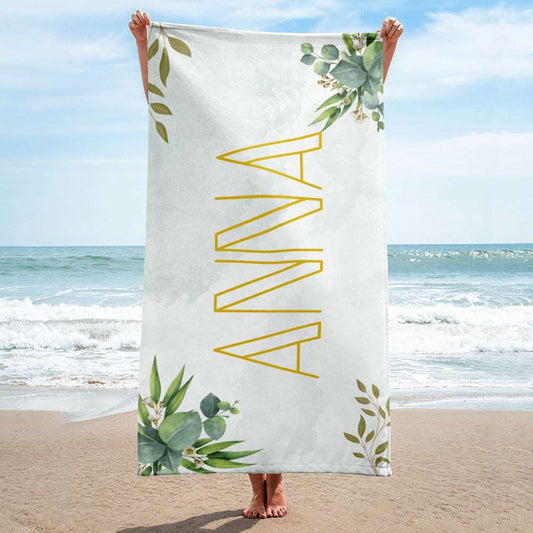 Custom Name Beach Towel with Green Leaves Design | PERSONALIZED - ChoreGirl