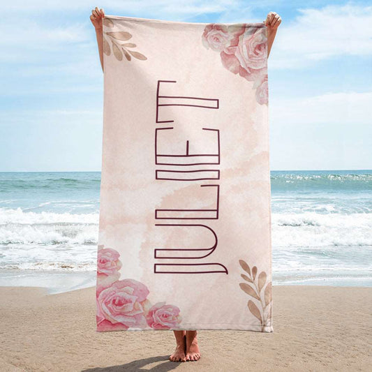 Custom Rose Flower Print Personalized Name Beach Towel | PERSONALIZED - ChoreGirl