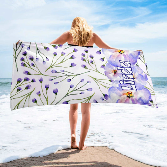 Custom Violet Flower Print Personalized Name Beach Towel | PERSONALIZED - ChoreGirl